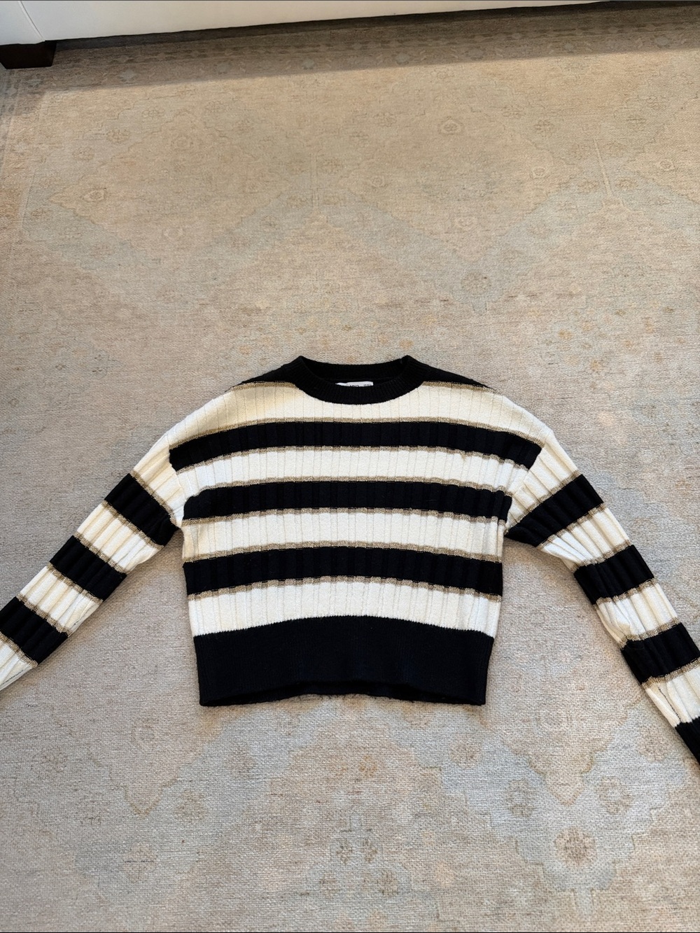 Mango Black & Cream Striped Ribbed Crewneck Sweater